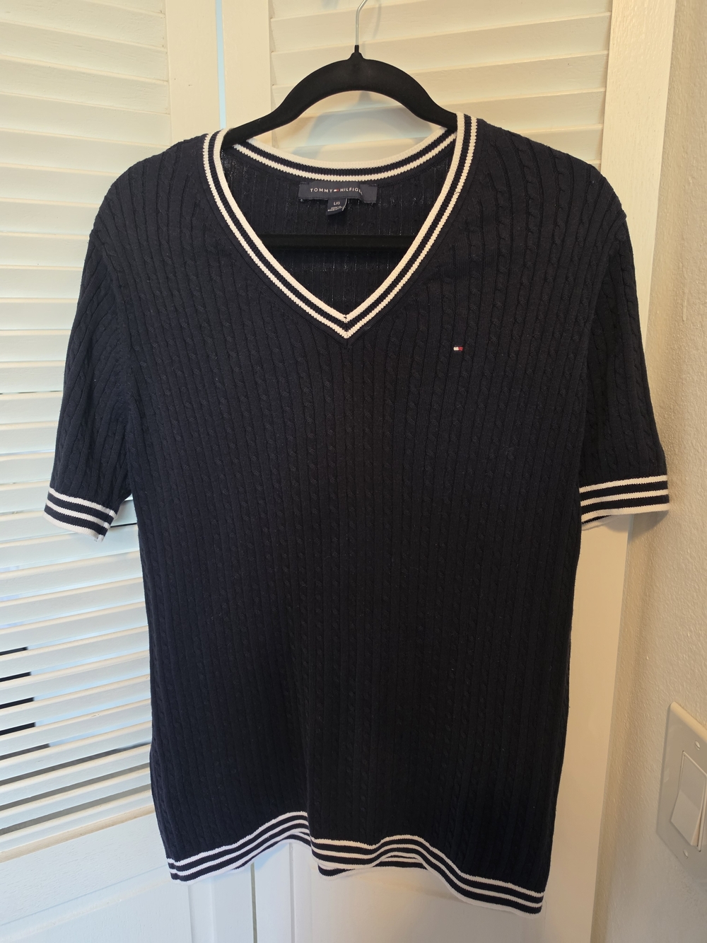 Tommy Hilfiger Navy V-Neck Cable Knit Sweater with White Trim
